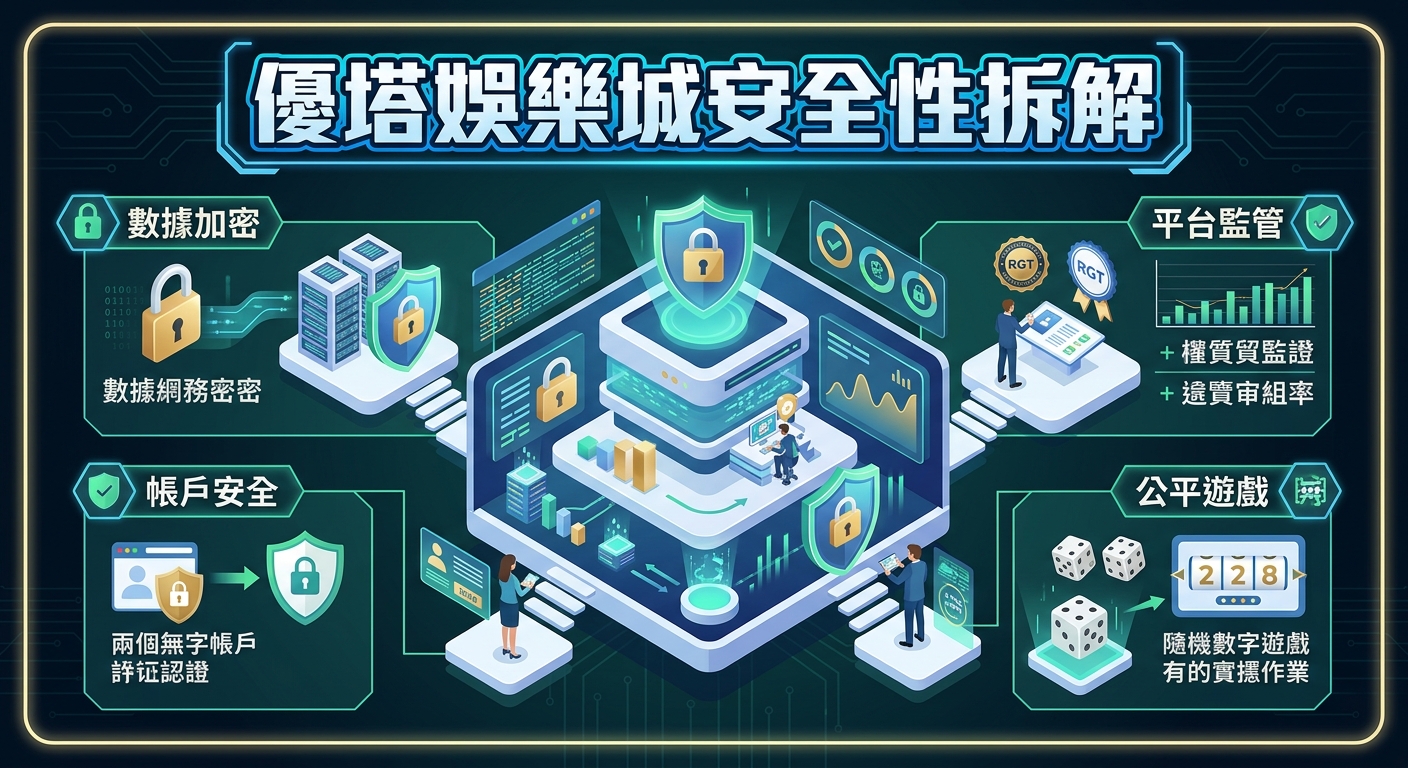 這張圖片展示了一幅現代科技風格的數位安全分析圖解,核心為一座受防護罩保護的數據數據中心。 主題聚焦於「優塔娛樂城安全性拆解」,周圍透過數據加密、帳戶安全、平台監管與公平遊戲等四大模組進行詳細說明。