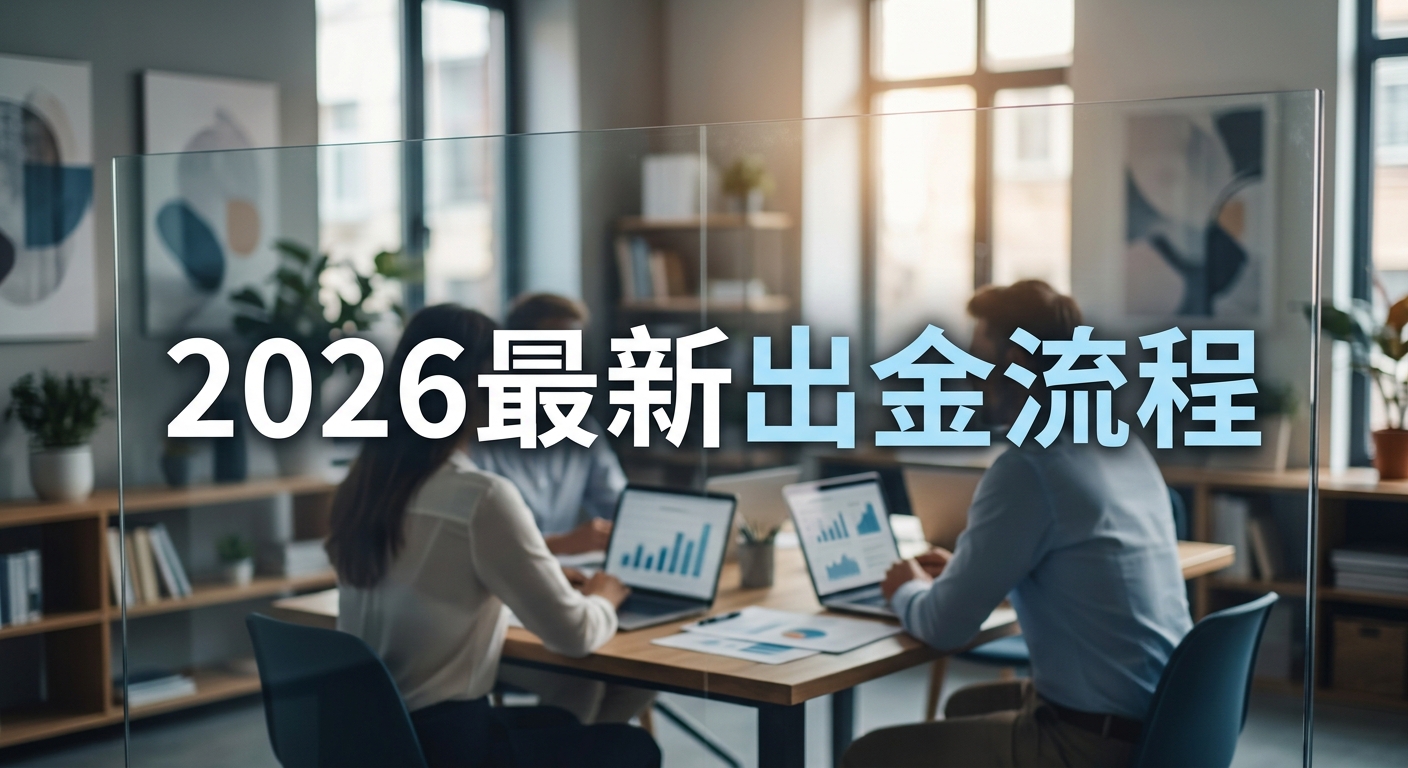 圖片展示了一個現代化的辦公室場景,背景中幾位專業人士正在使用電腦進行討論。 畫面中央印有醒目的繁體中文標題「2026最新出金流程」,呈現出清晰且具科技感的大氣風格。